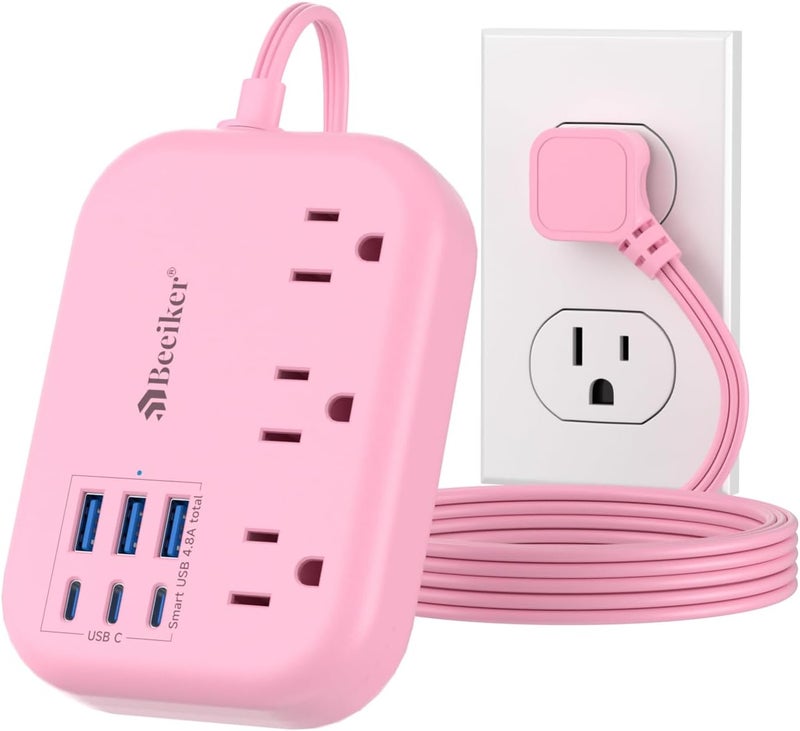 Beeiker 6 USB(3 USB C) Pink Power Strip- 5Ft Extension Cord with 6 USB Charging Station 24W/4.8A and 3 Outlets, Desk Accessories for Cruise Travel Pink Cute Kawaii College Dorm Desk Home Essentials - Image 1